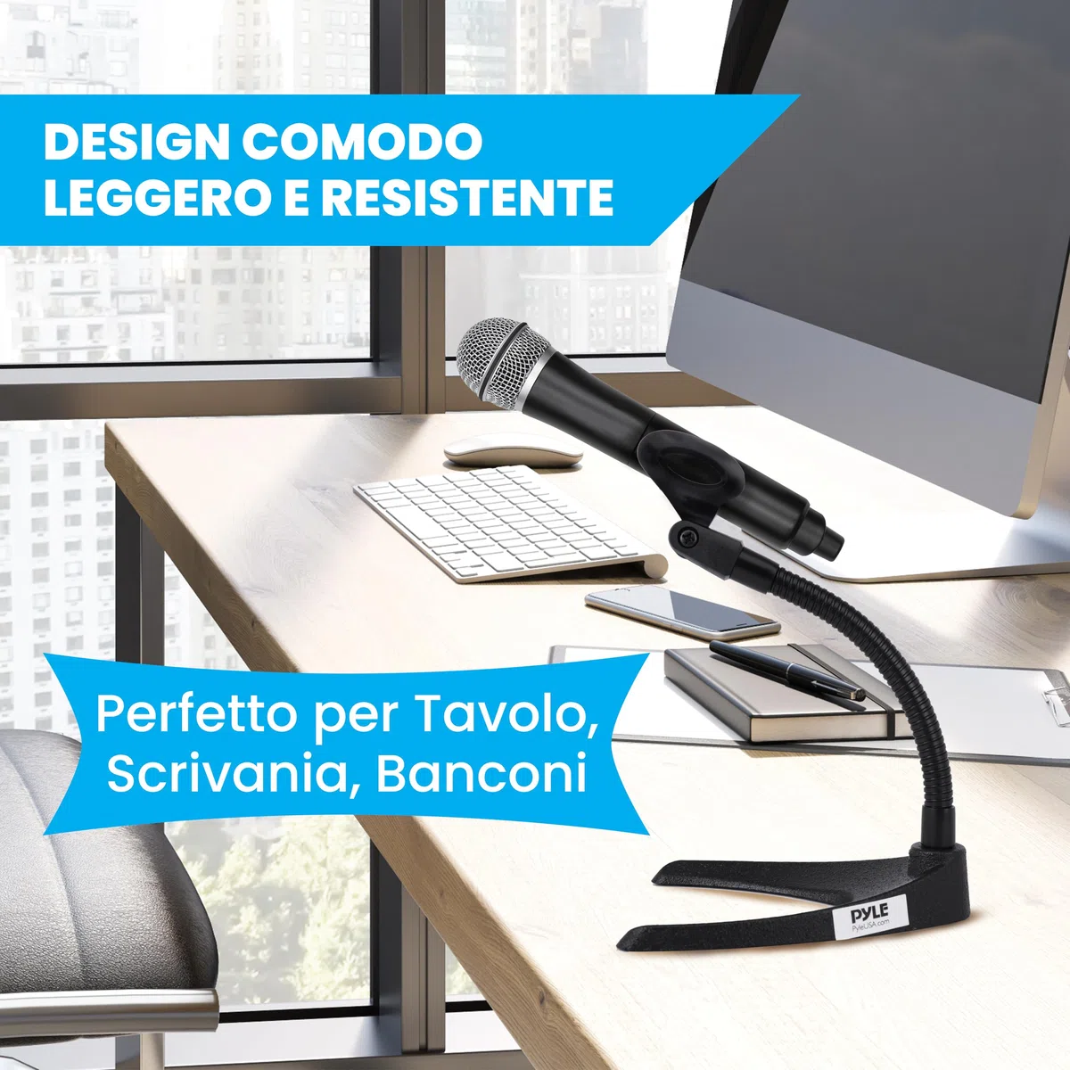 Pyle Asta Microfono, Braccio Microfono Flessibile 20,8 cm e Base a U Solida, Asta Microfono Scrivania, Supporto Universale Perfetto per Tavolo o Banco