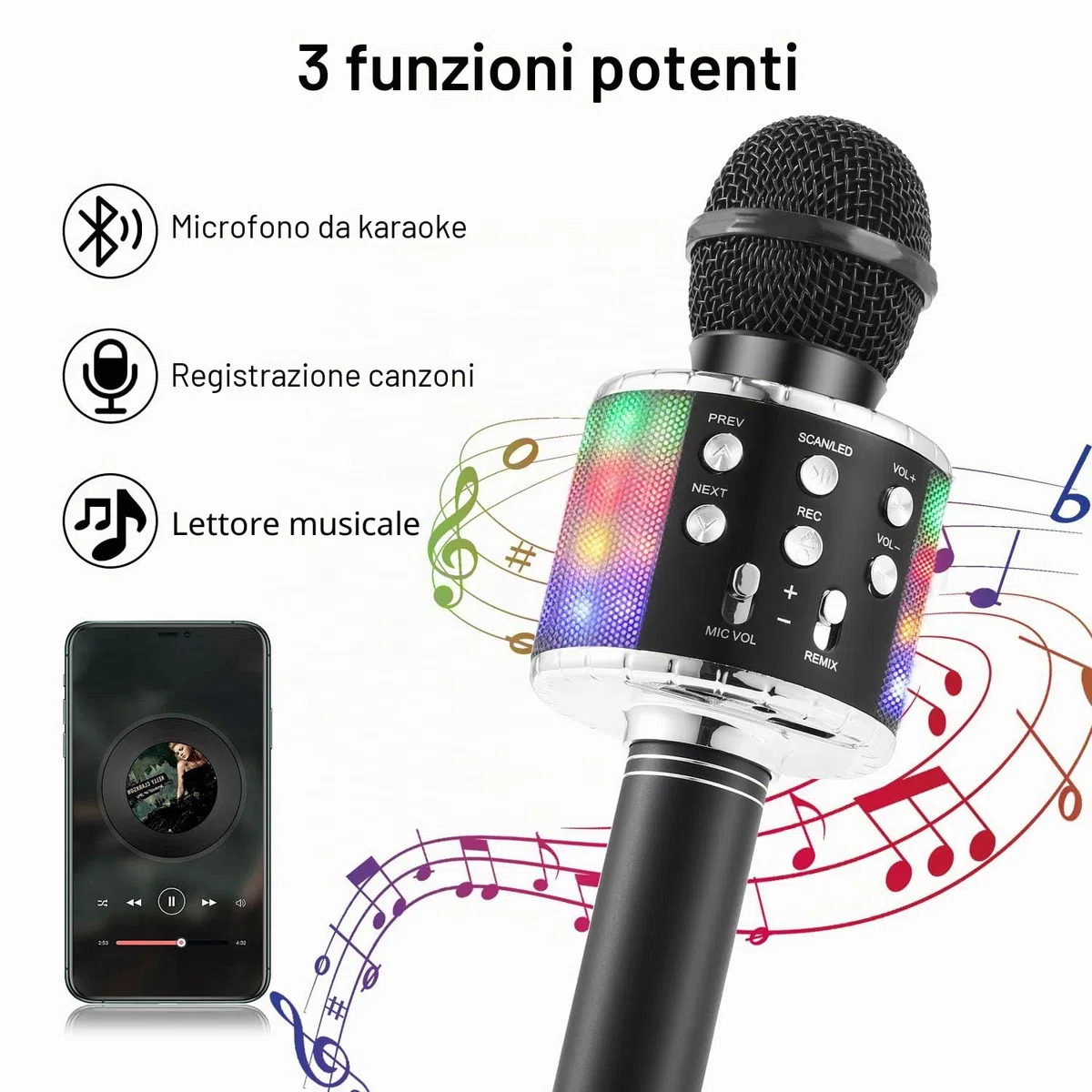 Fede Microfono Karaoke Bluetooth Wireless per Bambini, Karaoke Portatile con Luci LED Multicolore per Cantare, Funzione Eco, Compatibile con Android/iOS, PC o smartphone
