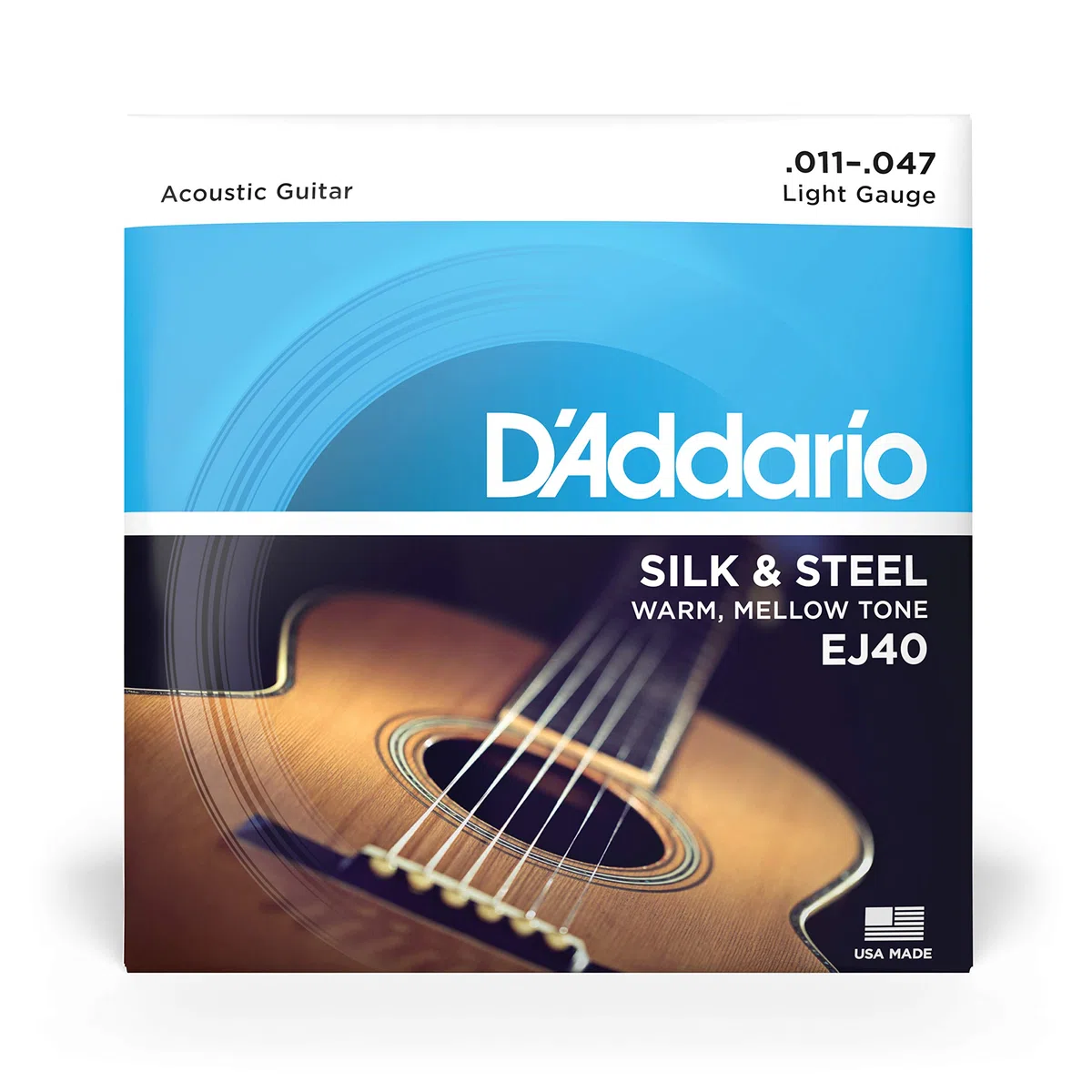 Corde per chitarra acustica D'Addario, seta e acciaio, EJ40, calibro leggero 11-47, set da 6 corde, confezione da 1