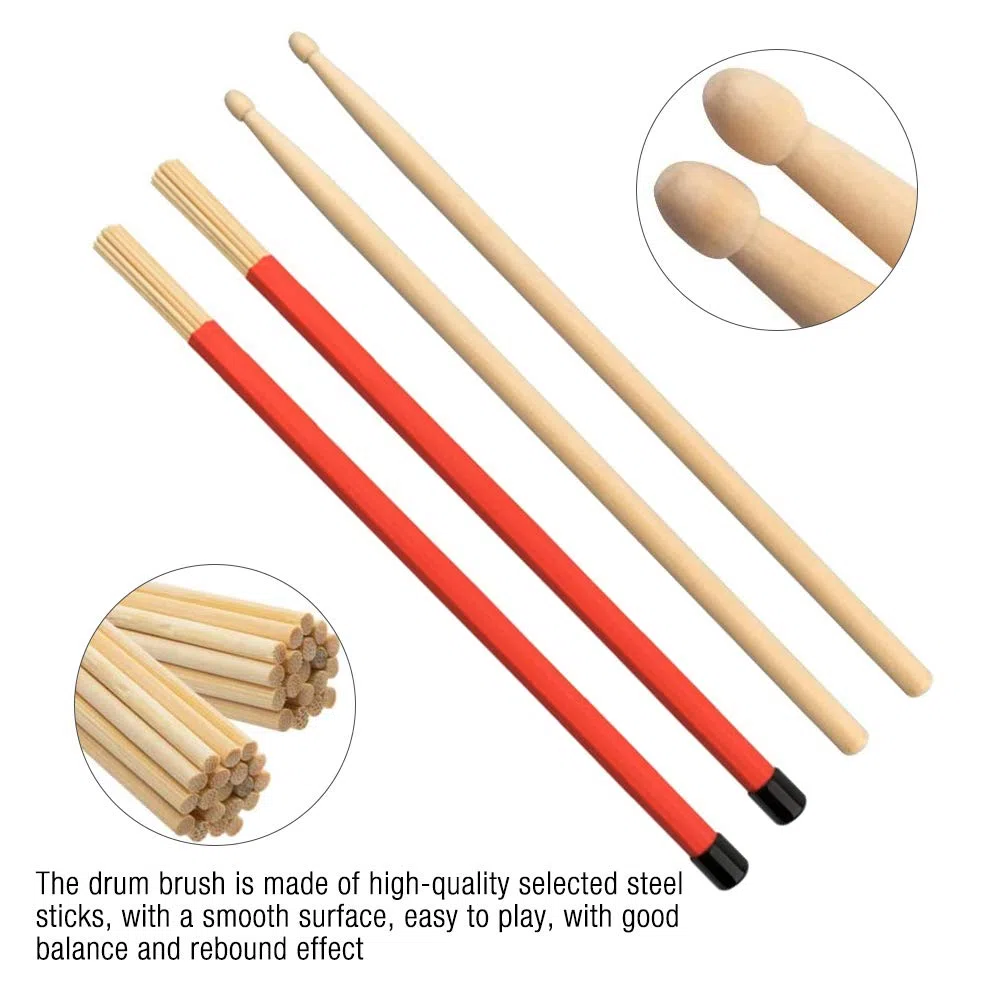 Set di bacchette per batteria, 2 paia di bacchette per batteria con spazzola metallica retrattile e fascio di bacchette per batteria con tassello per batteria, più accessori