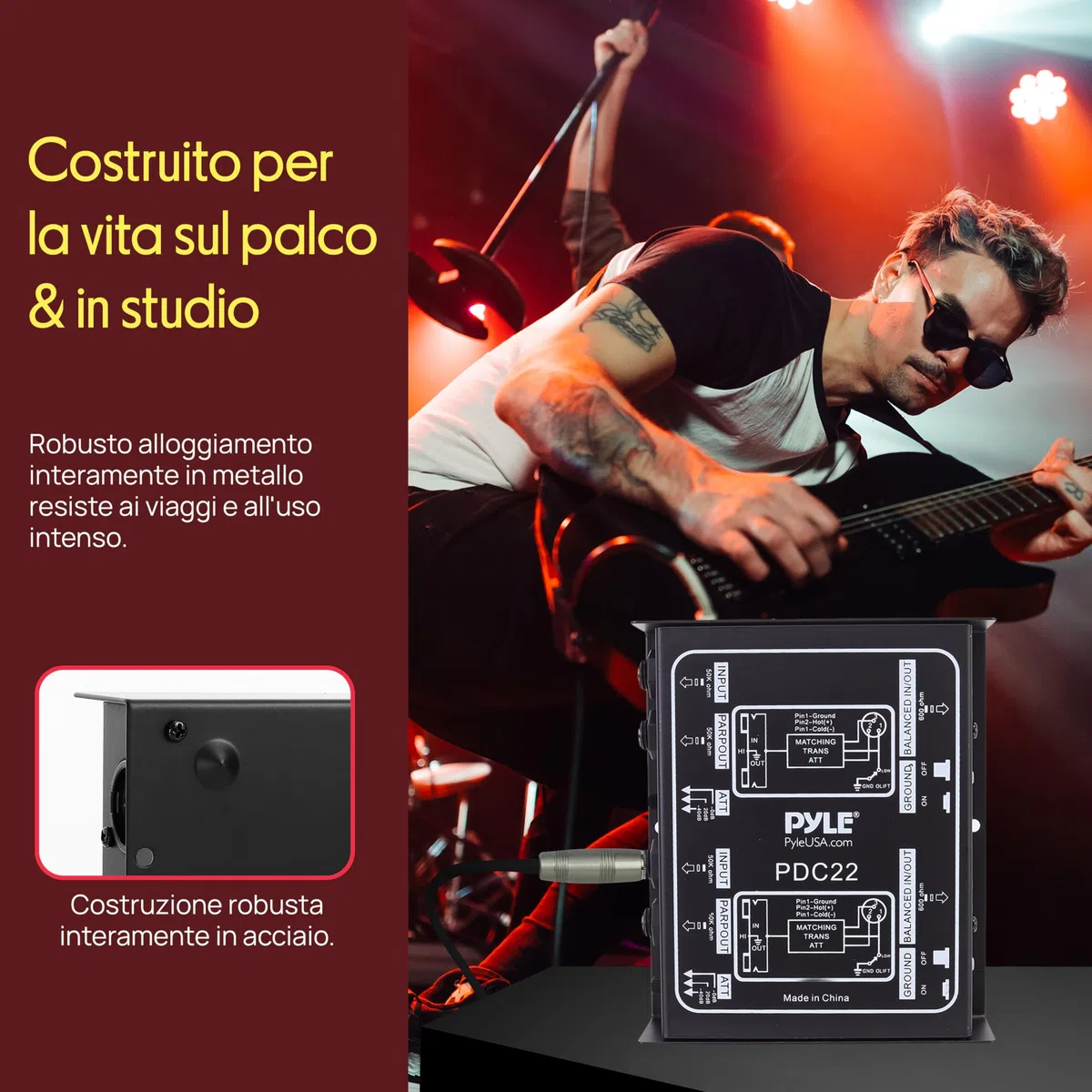 Pyle DI Box Passiva Compatibile con Amplificatori, Mixer, Altoparlanti, Microfoni, Strumenti Musicali, per Chitarra/Basso, XLR Bilanciato/Non, Nero