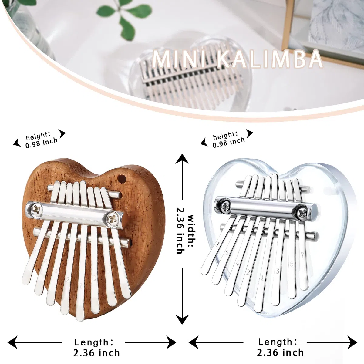 Confezione da 2 mini pianoforte Kalimba, 8 tasti, in legno massello portatile e acrilico, per bambini e adulti, regalo musicale tascabile per principianti con catena