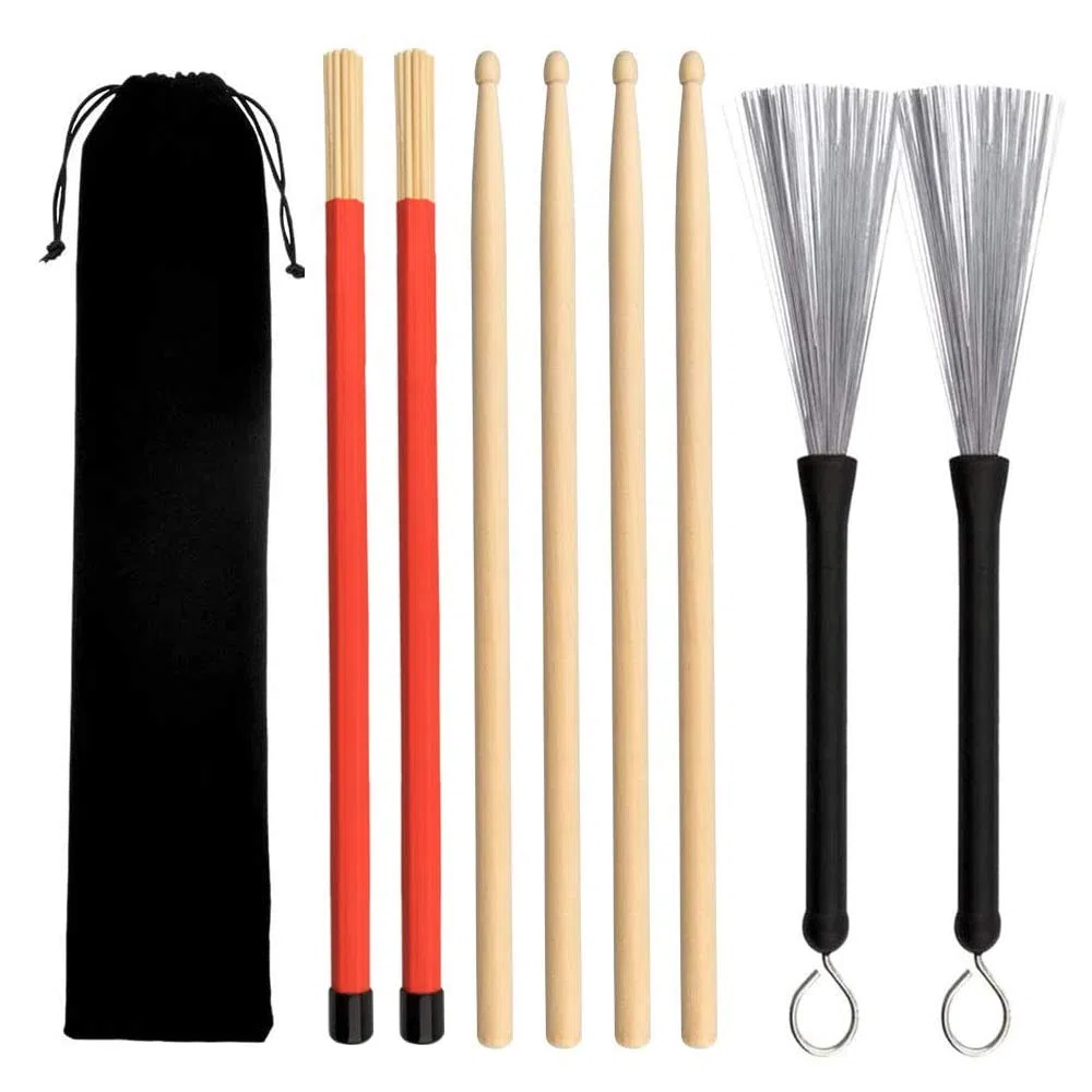 Set di bacchette per batteria, 2 paia di bacchette per batteria con spazzola metallica retrattile e fascio di bacchette per batteria con tassello per batteria, più accessori