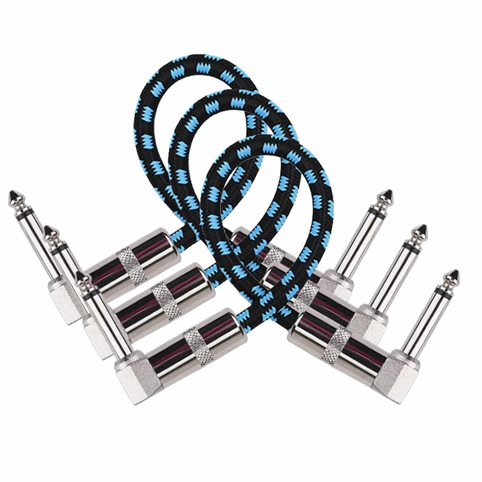 Rayzm Cavi Patch per Effetti per Chitarra/Basso 1/4", ad angolo Maschio. Cavetto per Strumenti Musicali TS Mono per Chitarra/Basso Pedaliera Effetti-Rivestimento in Tessuto Tweed,3 unità,15cm (Blu)