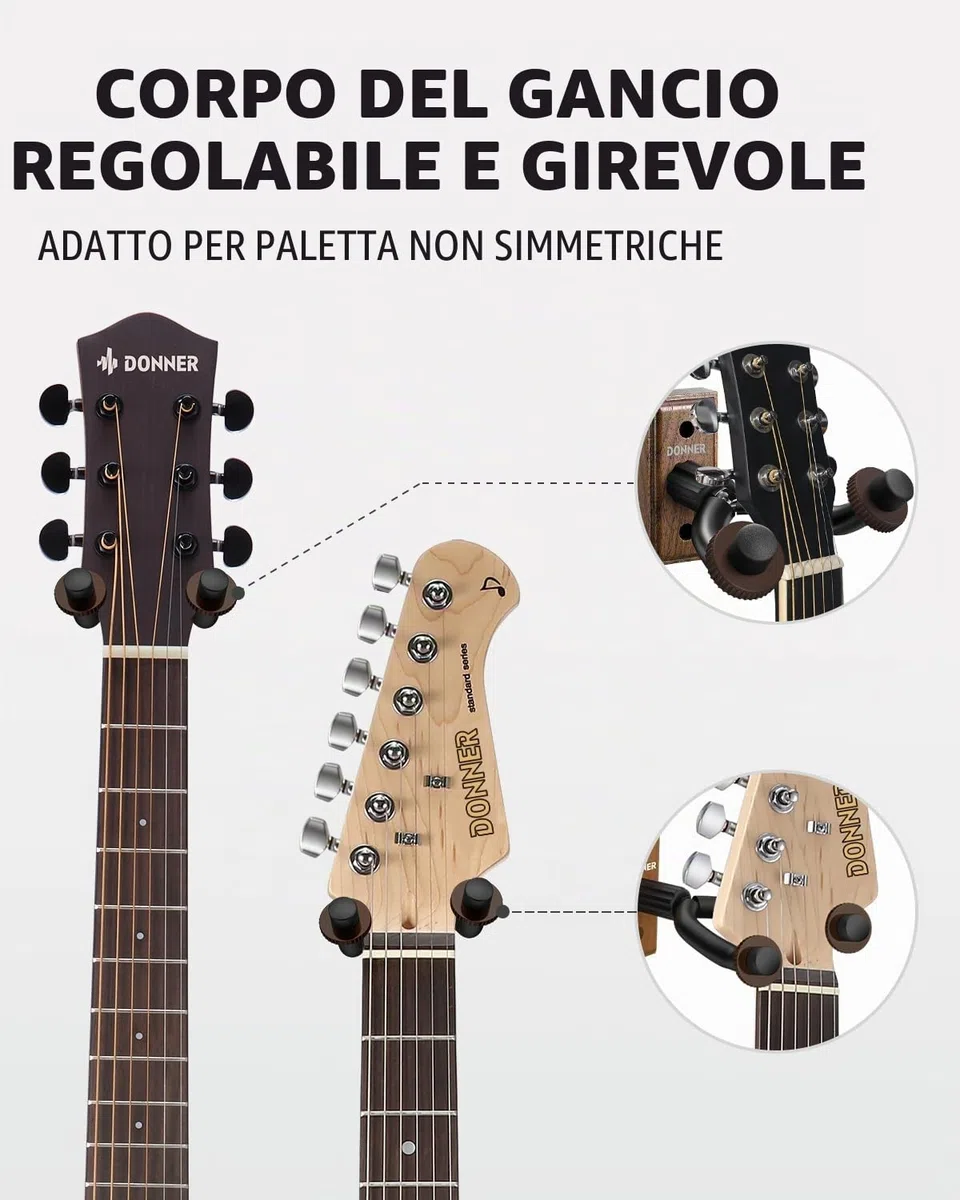 Donner Ganci Supporto Chitarra da Parete, Porta Chitarra da Muro, Gancio Parete di Legno di noce per chitarre/basso/ukulele/violino/mandolino, Appendi Chitarra da Muro (3 pezzi)