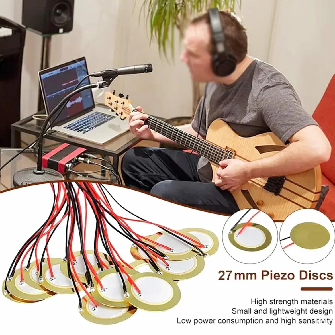 Dischi piezoelettrici da 27 mm Pickup piezoelettrici con cavi da 3.93" Dischi amplificatori piezoelettrici Mic Drum Trigger Pickup acustico Cicalino con adesivo in schiuma adesiva, 20 pezzi