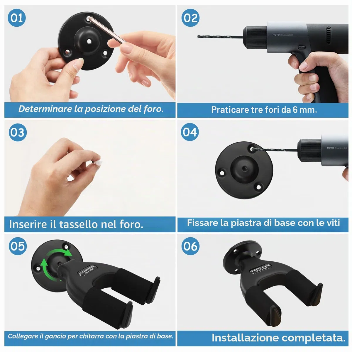Supporto a parete per chitarra con Base, Automático Supporto a Parete con blocco automatico, Gancio Chitarra per Chitarra Elettrica, Basso, Elettrico, Ukulele,Violino, Banjo (Nero)