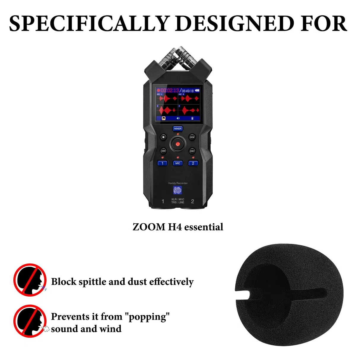 Geekria for Creators - Parabrezza in schiuma compatibile con registratore Zoom H4 Essential, copertura antivento per microfono, filtro in spugna in schiuma, registratore digitale portatile (nero