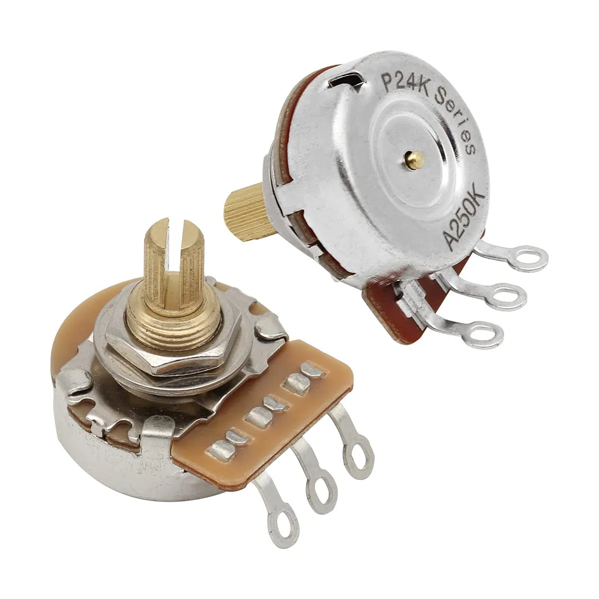 FLEOR Potenziometri di controllo con albero corto in ottone A250K Potenziometri conici audio 24 scanalature albero diviso D3/8" per tono di controllo del volume di chitarra elettrica, confezione da 2