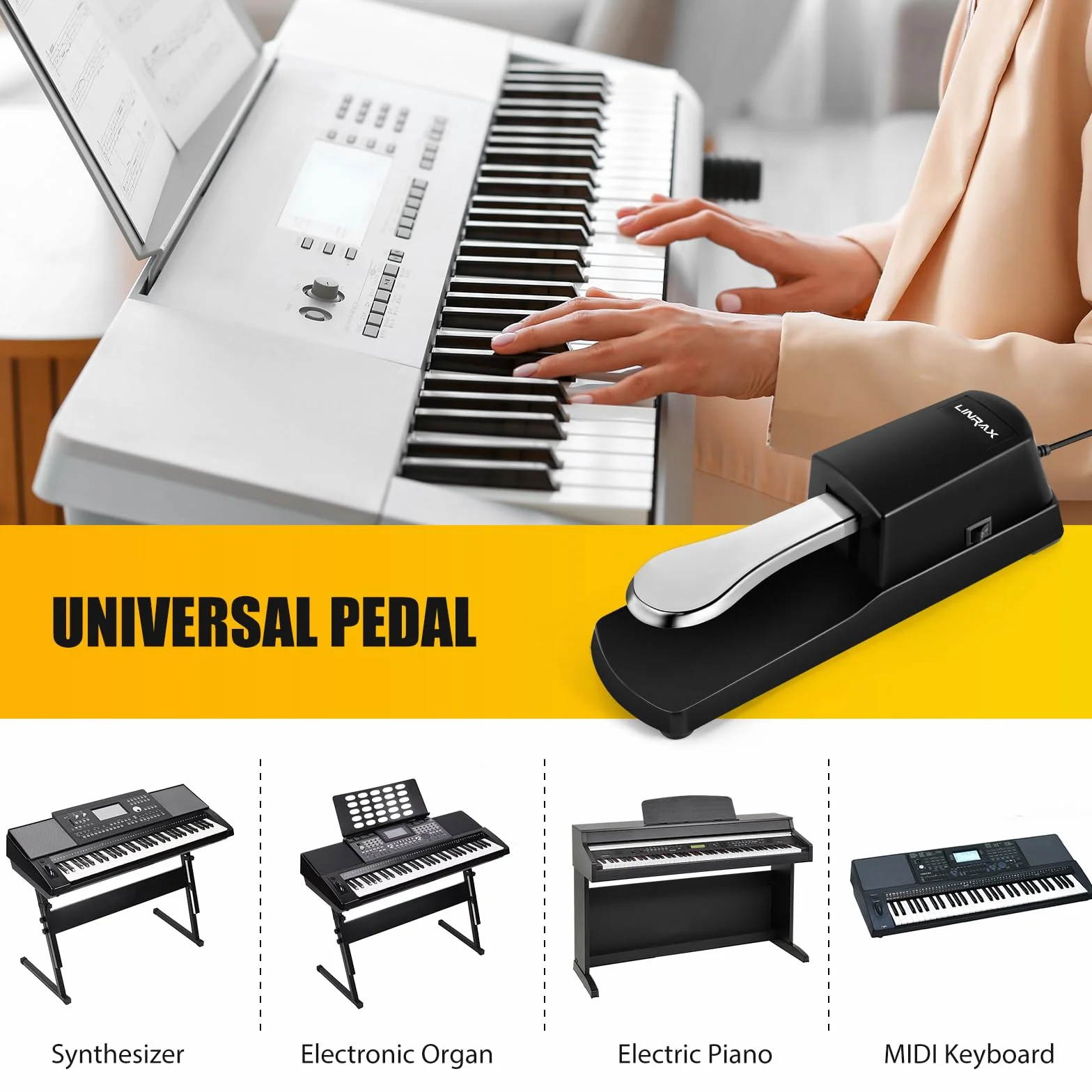 LP1 Pedale Sustain, Pedale di Sustain con Interruttore di Polarità, Pedale Universale per Pianoforte Digitale Tastiera Elettronica Tastiera MIDI Sintetizzatore, Spina da 6,35mm, Cavo da 1,6m