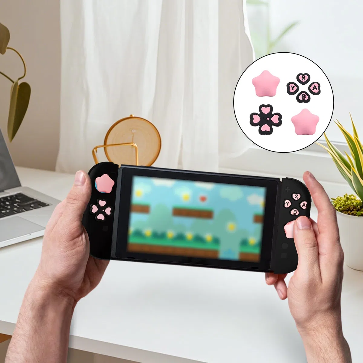 Simpatico set di tappi per pulsanti in silicone, adesivi per pulsanti Nintendo Switch 2, NS2, tappi per joystick NS2 (cuore rosa nero)