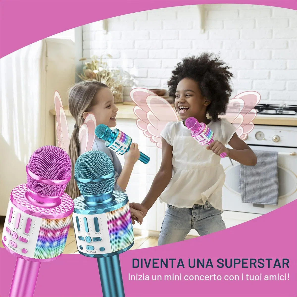 Microfono Karaoke per Bambini Bluetooth Senza Fili - Microfono Portatile con Altoparlante Integrato, Luci LED e Effetto Eco, Regalo di Compleanno per Ragazzi e Ragazze 3-12 Anni