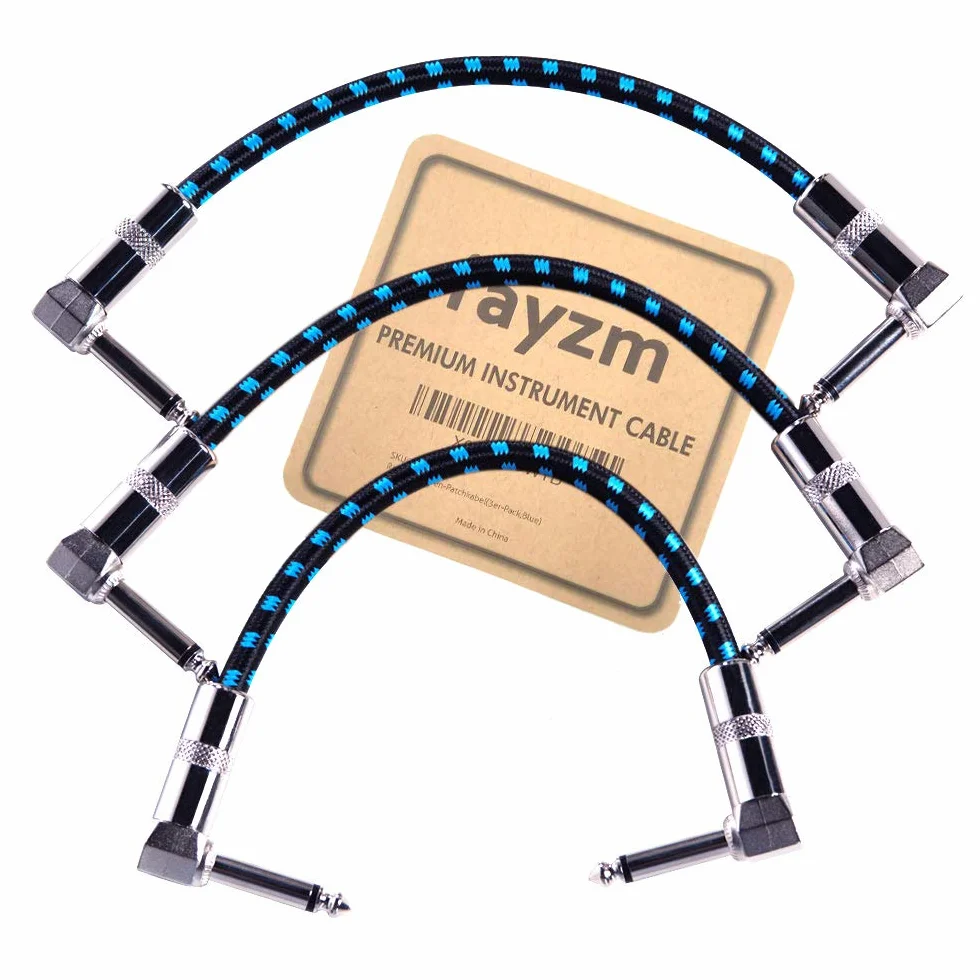 Rayzm Cavi Patch per Effetti per Chitarra/Basso 1/4", ad angolo Maschio. Cavetto per Strumenti Musicali TS Mono per Chitarra/Basso Pedaliera Effetti-Rivestimento in Tessuto Tweed,3 unità,15cm (Blu)