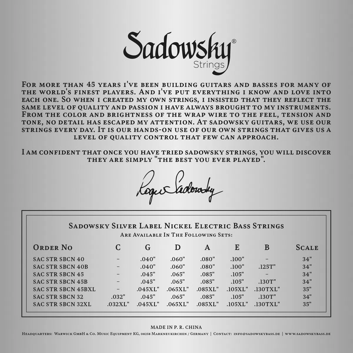 Sadowsky Silver Label .032-.130 - Set di 6 stringhe in nichel, taperwound, scala extra lunga (35")