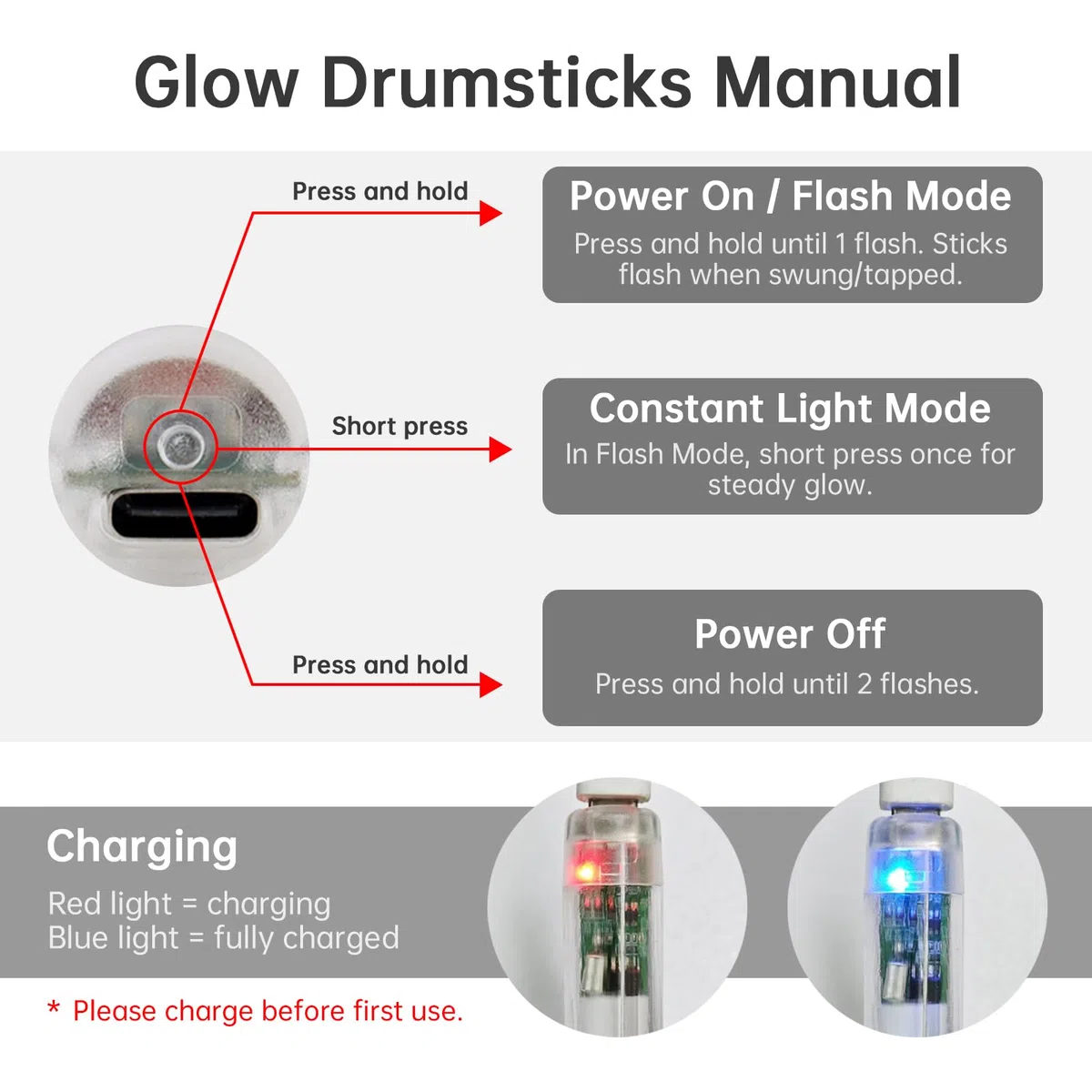 Bacchette per batteria con luce LED luminosa, ricaricabili, 13 colori cangianti, con cavo di ricarica USB, si illuminano al buio, per pratica musicale professionale, regali per batteristi