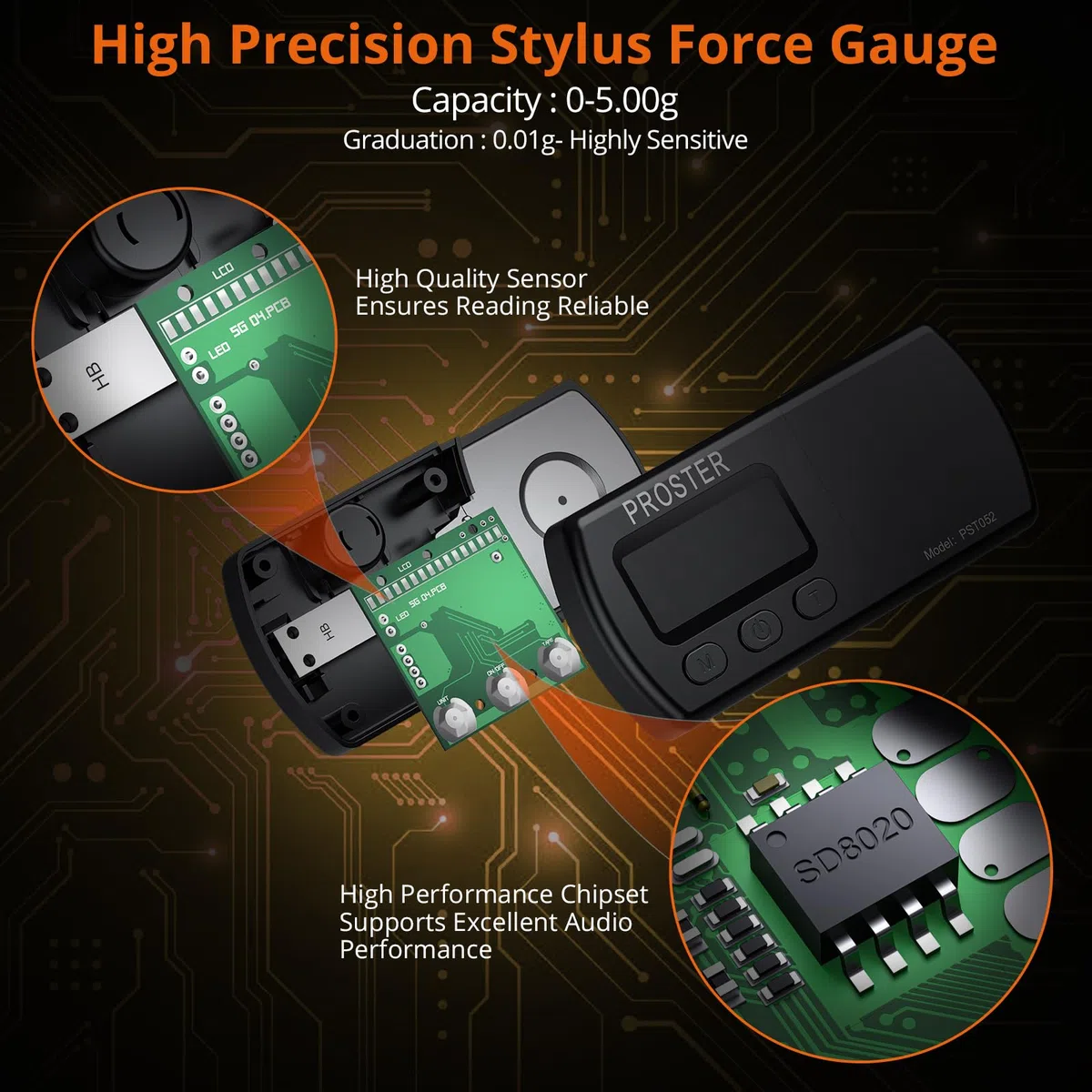 Proster Tester Scala Forza di Stilo per Giradischi Bilancia 0.01g LCD Retroilluminazione Blu per Braccio Giradischi Fono Cassetta Musicale Nero