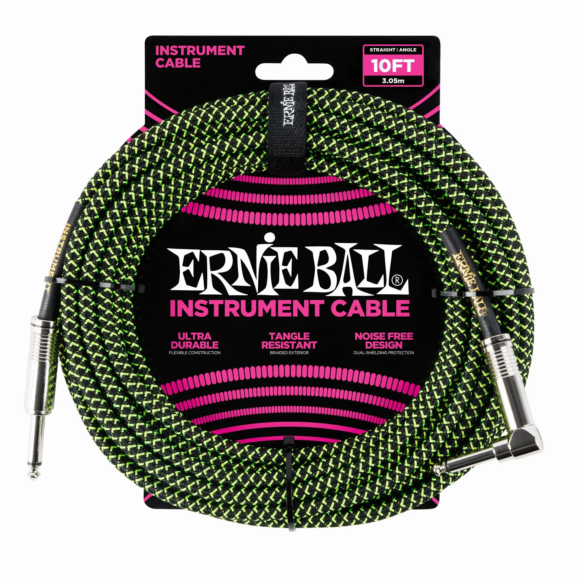Ernie Ball, Cavo intrecciato per strumenti, dritto / angolato, 3,05 m, nero/verde
