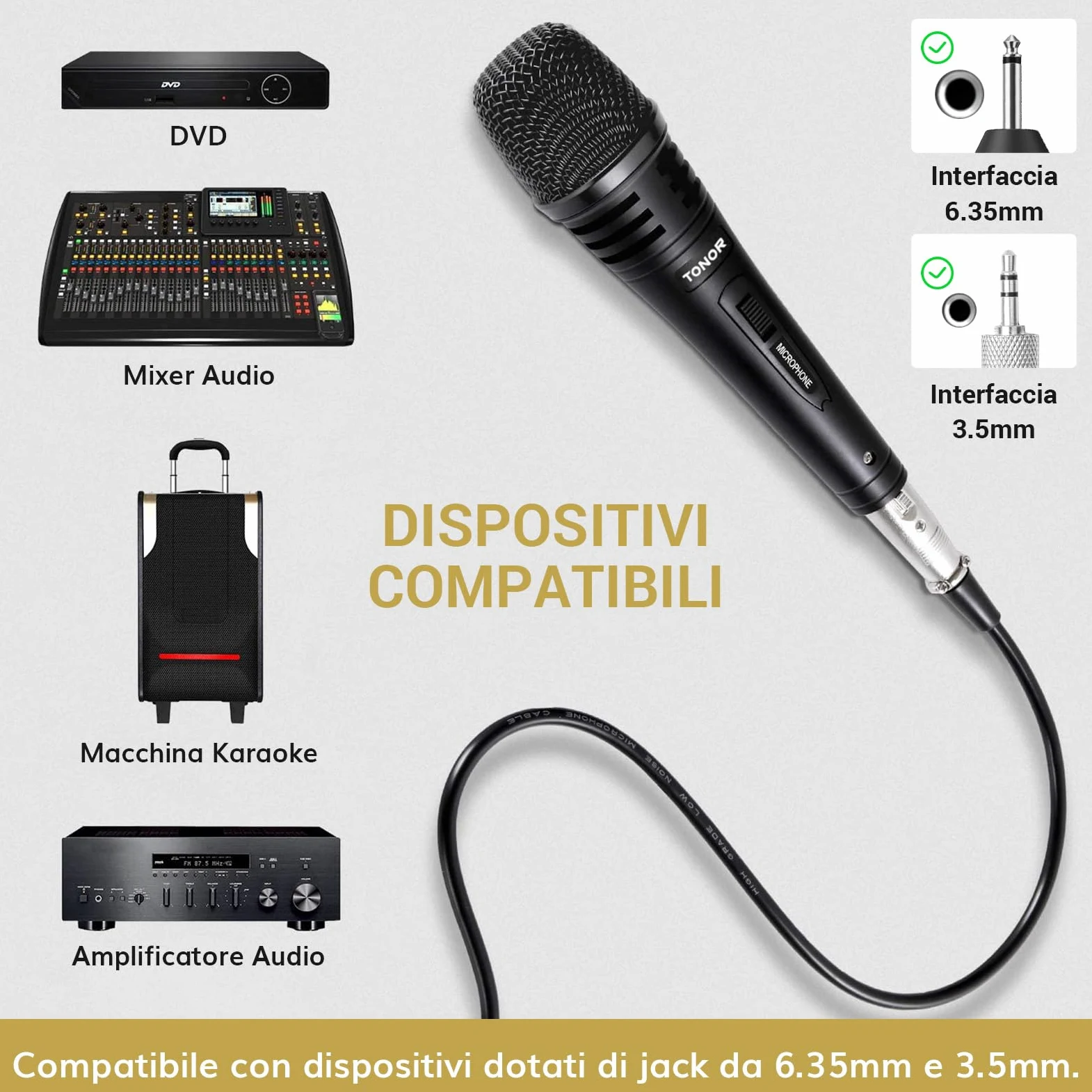 TONOR Microfono Dinamico per Karaoke con Cavo XLR 5M(500 cm),Microfoni Professionale in Metallo per Festa in casa, Canto, Parlato,Matrimonio,Mic Cardioide con Jack 6.35mm Compatibile con Altoparlante