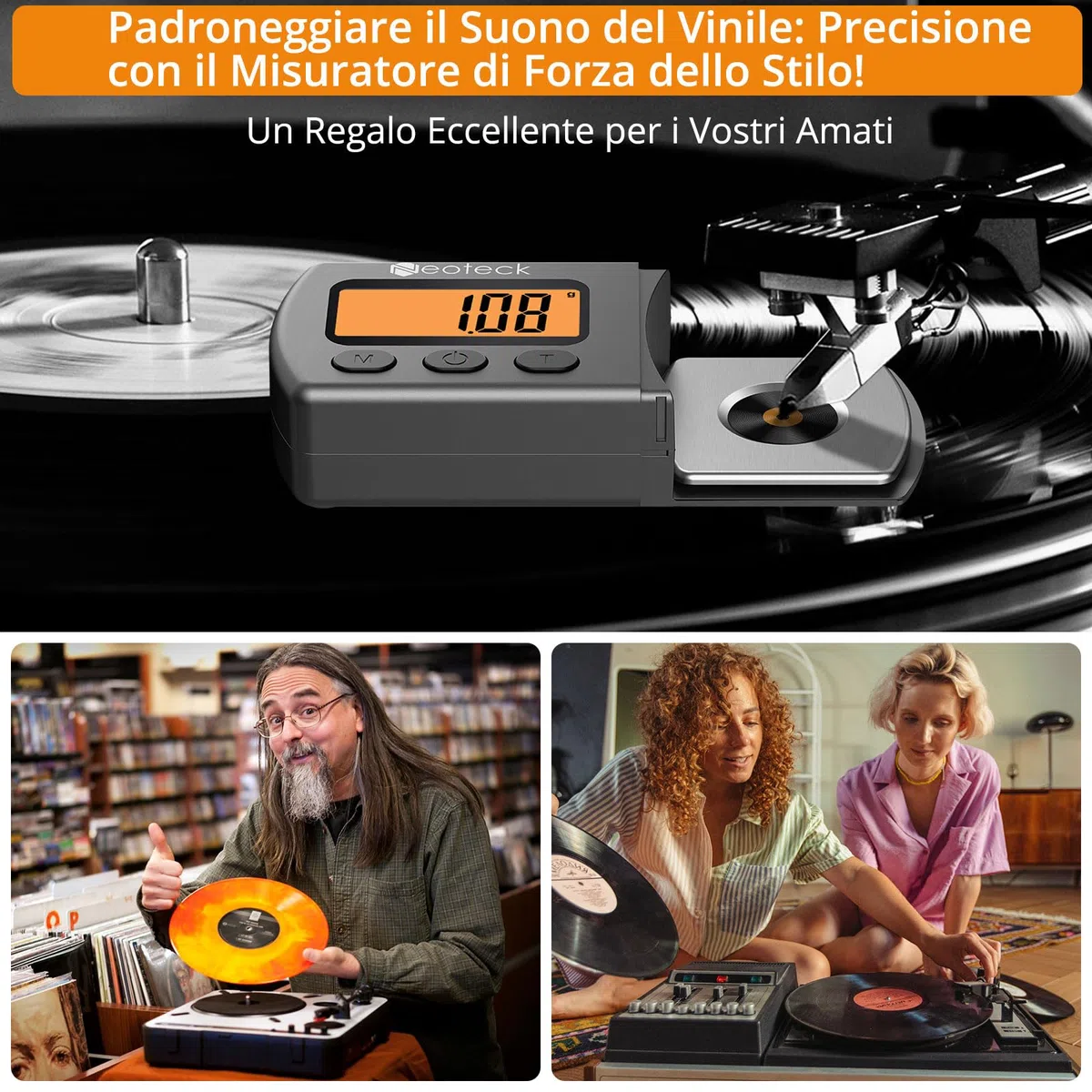 Neoteck Tester Scala Forza di Stilo per Giradischi Bilancia 0,01g LCD Retroilluminazione Arancia Bilancia Digitale per Giradischi per MM/MC/MI Braccio Giradischi Fono Cassetta Musicale