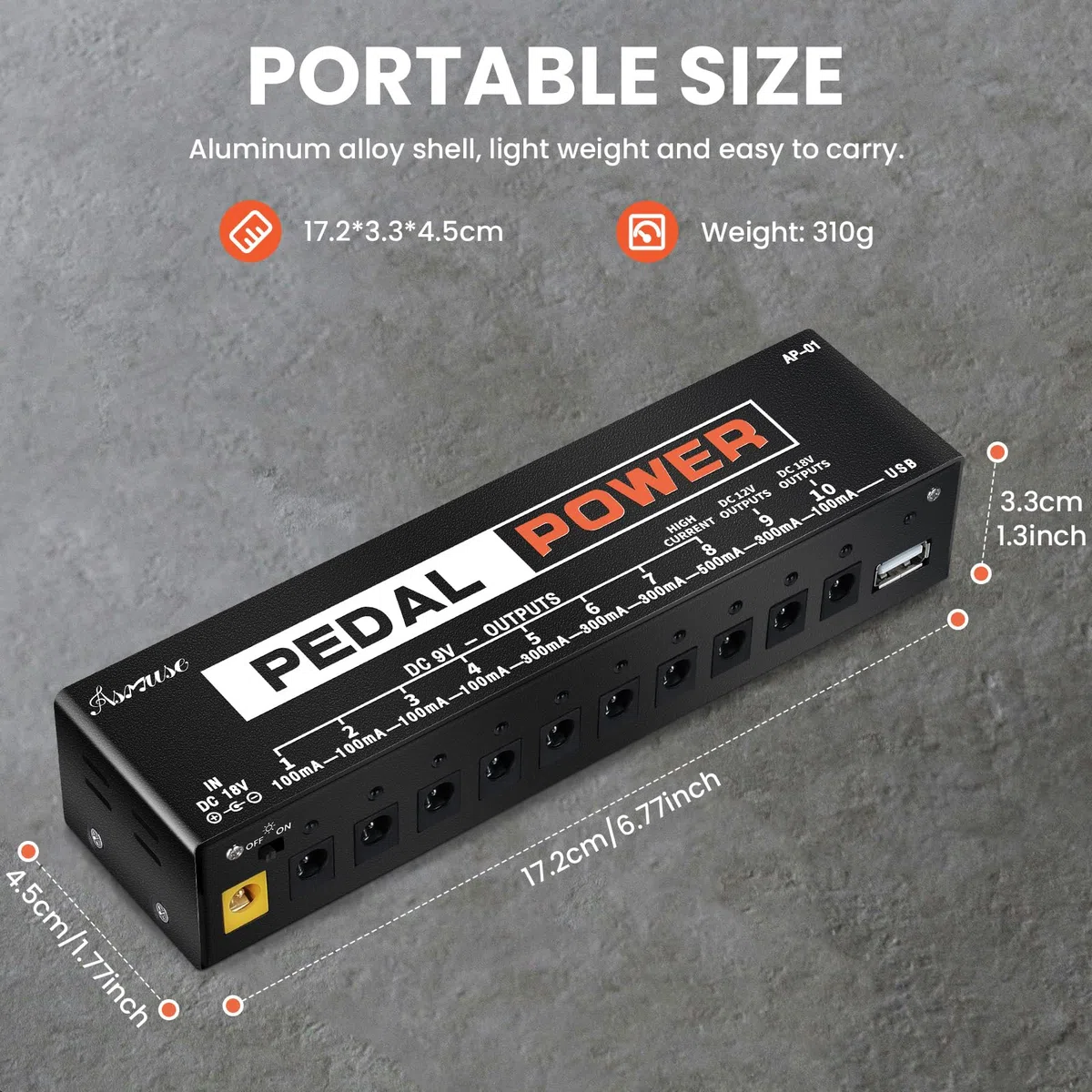 Asmuse Mini Alimentatore Pedali Chitarra Noiseless Portatile 9V 12V 18V 10 Uscite Isolate con Porta di Ricarica USB Compact Pedal Power Supply