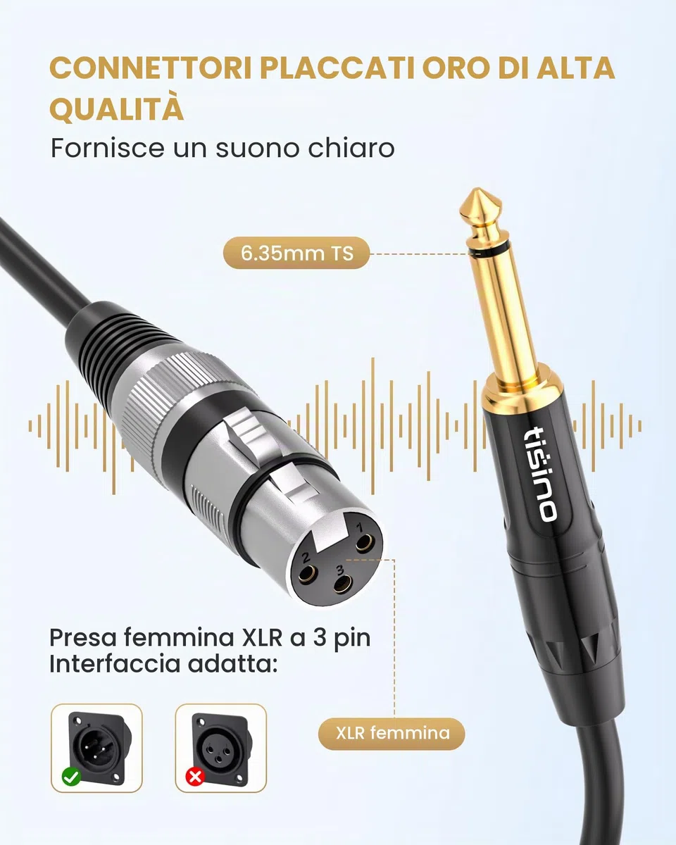 Tisino Cavo Microfono Femmina XLR a 6.35mm TS Maschio Mono Sbilanciato a Interconnessione per Microfono Dinamico -2m