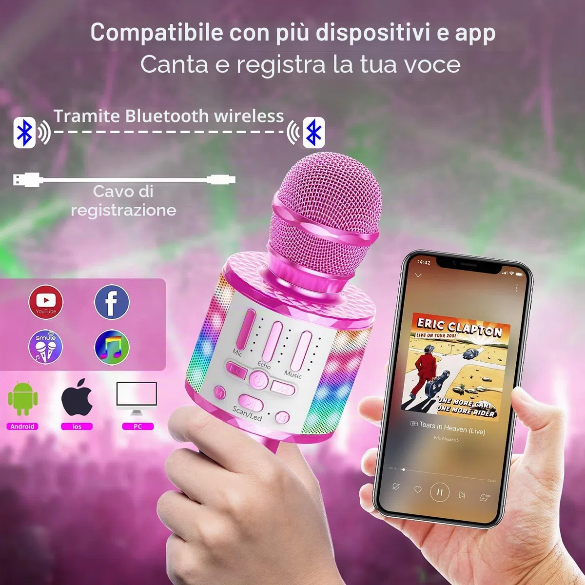 Microfono Karaoke per Bambini Bluetooth Senza Fili - Microfono Portatile con Altoparlante Integrato, Luci LED e Effetto Eco, Regalo di Compleanno per Ragazzi e Ragazze 3-12 Anni