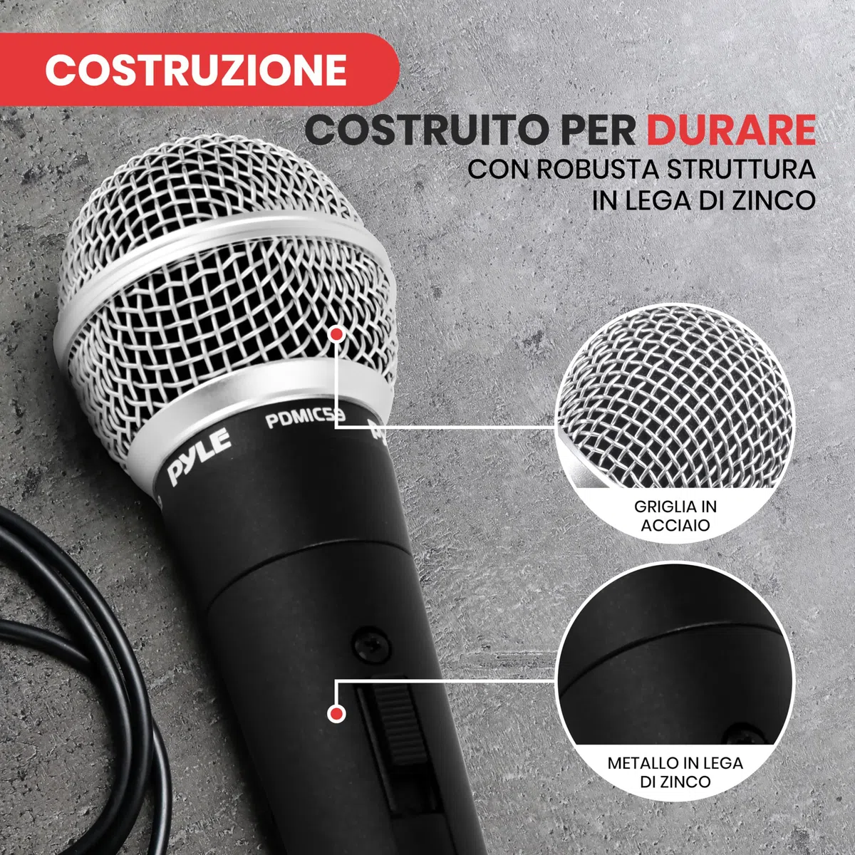 Pyle Microfono Professionale, Microfono Dinamico Cardioide Unidirezionale, Microfono Karaoke con Cavo XLR 457 Centimetri, Alta Chiarezza per Esibizioni dal Vivo e Registrazioni, Microfono per Cantare