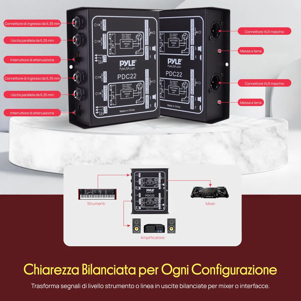 Pyle DI Box Passiva Compatibile con Amplificatori, Mixer, Altoparlanti, Microfoni, Strumenti Musicali, per Chitarra/Basso, XLR Bilanciato/Non, Nero