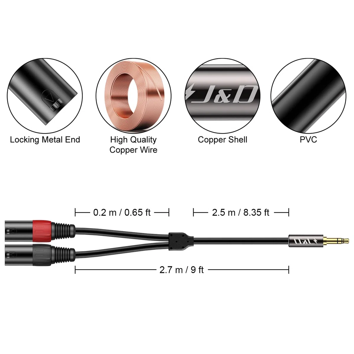 J&D 3,5mm 1/8 a 2x XLR Cavo Y Spinotto, PVC Sgusciato 2x XLR Maschio a 3.5mm TRS Maschio Unbalanced Audio Stereo Adattatore Cavo Patch di Interconnessione per DSLR Camera Smartphone Laptop Mic, 2,7m
