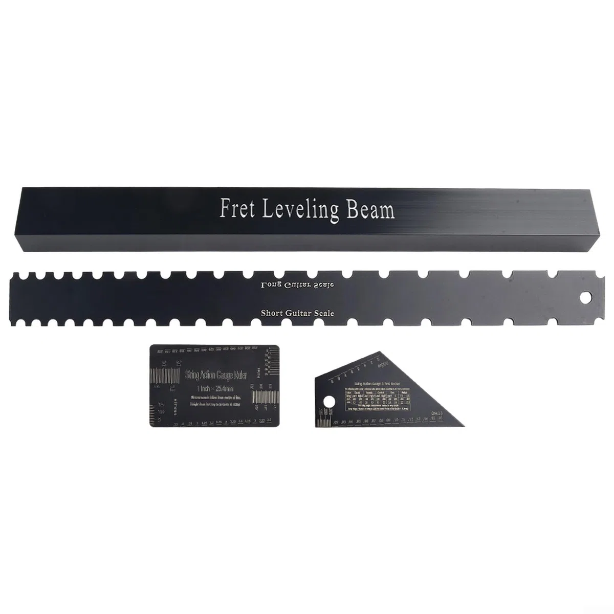 Set di 4 strumenti per liutaio per chitarra, manico dentellato, bordo dritto, doppia scala, tastiera, righello, livellamento dei tasti, bilanciere, calibro di altezza, per controllare la rettilineità