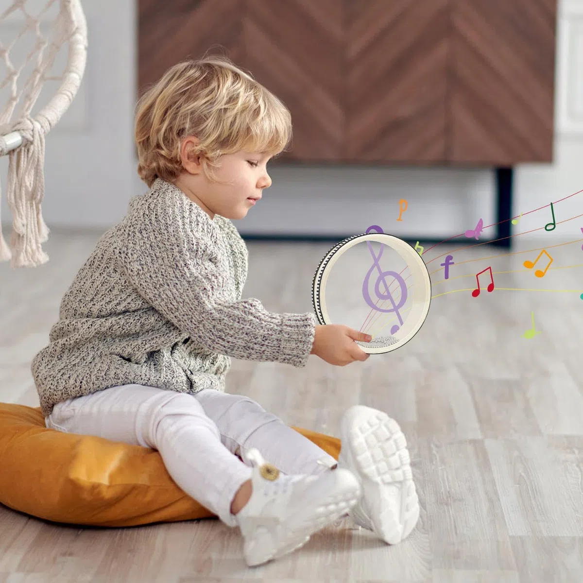 Tamburo per onde marine – percussioni bifacciali, tamburello sonoro a pioggia ondulata, strumento sonoro marino con guscio in legno duro per alleviare lo stress