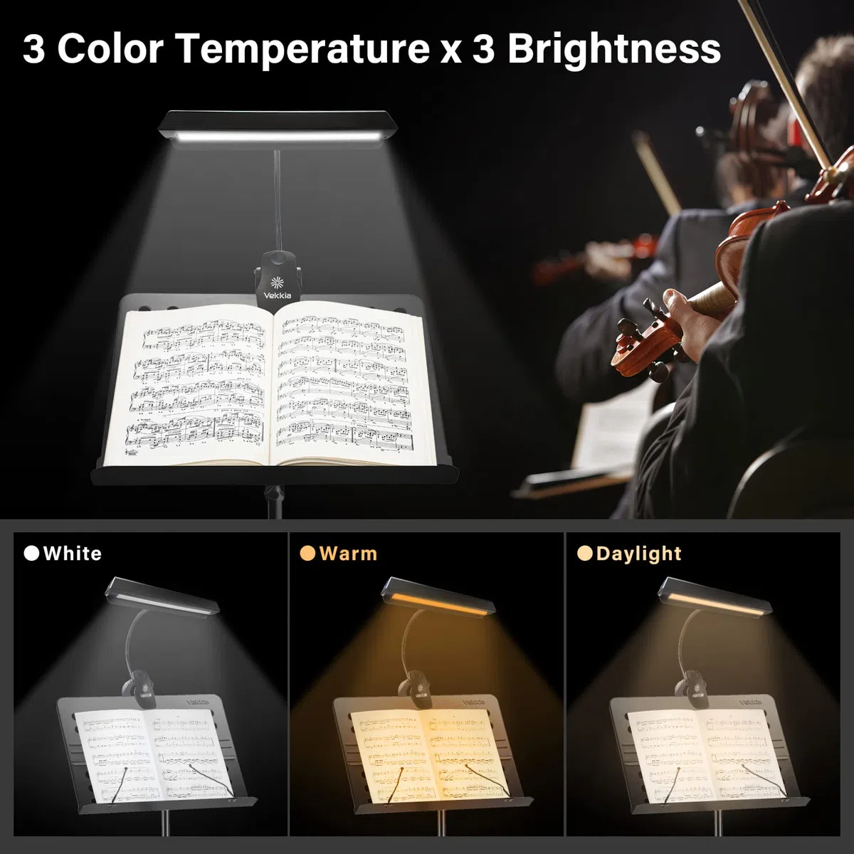 Vekkia Luce per Leggio con Pinza 19 LED, Clip-On Ricaricabile luce da leggio musicale, Lampada da lettura per pianoforte verticale, violino, orchestra, podio