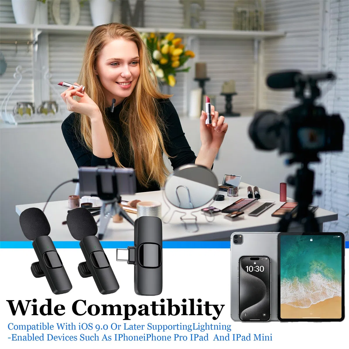 Microfono Lavalier Wireless per iPhone/iPad/Android, 2 Pack Mini Microfono per La Registrazione Video, Cancellazione del Rumore, per Registrazione Video, Live Steam, Intervista, YouTube, TikTok