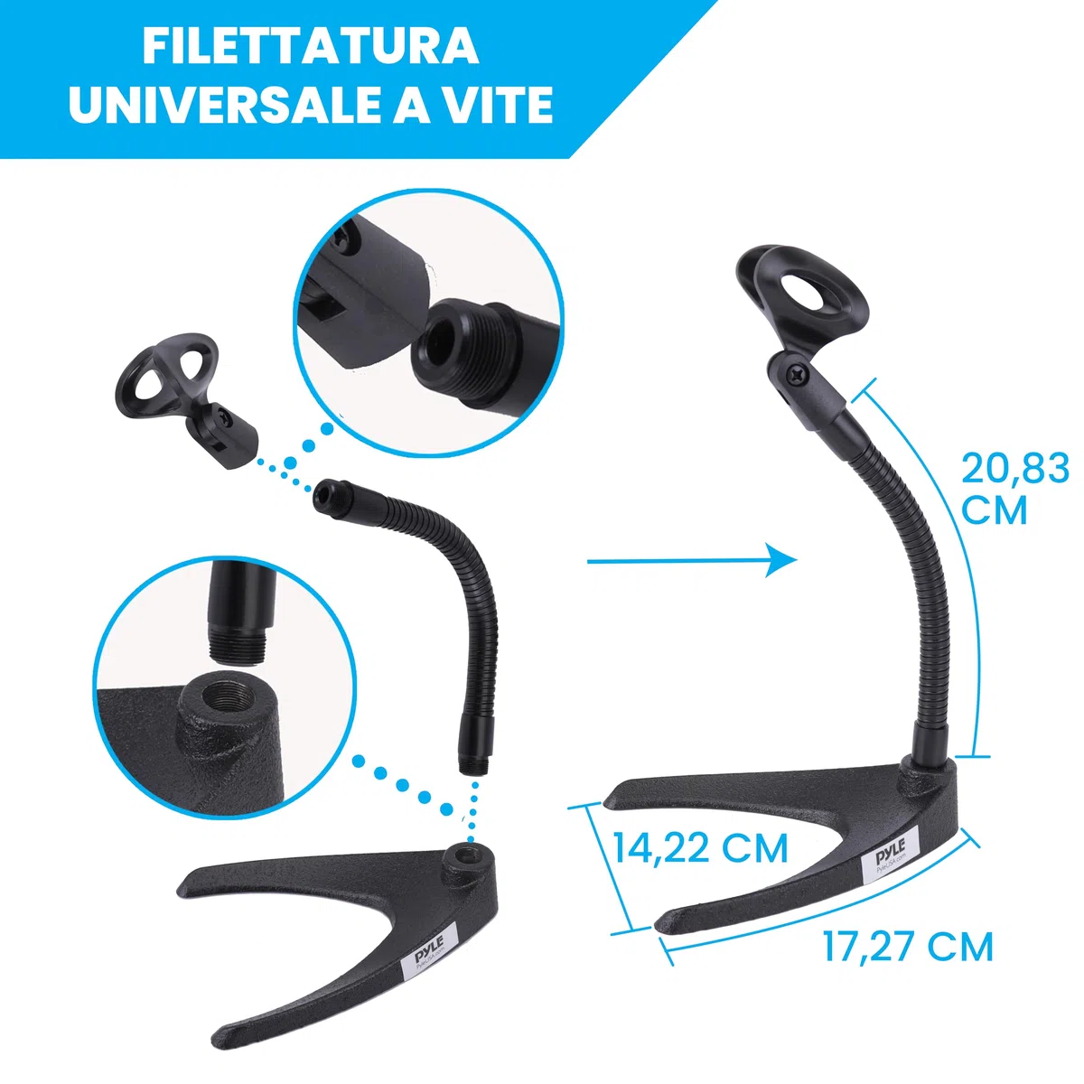 Pyle Asta Microfono, Braccio Microfono Flessibile 20,8 cm e Base a U Solida, Asta Microfono Scrivania, Supporto Universale Perfetto per Tavolo o Banco