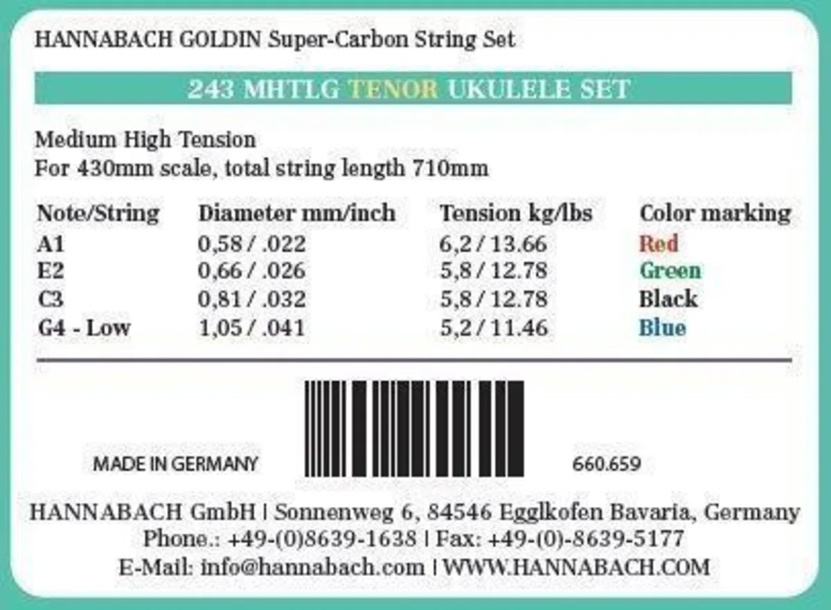 Corde per ukulele Hannabach - Ukulele tenore Super-Carbon Goldin - Set di 4 corde Sol grave - Tensione medio-alta Scala 43’' - 022-.041-243MHTLG