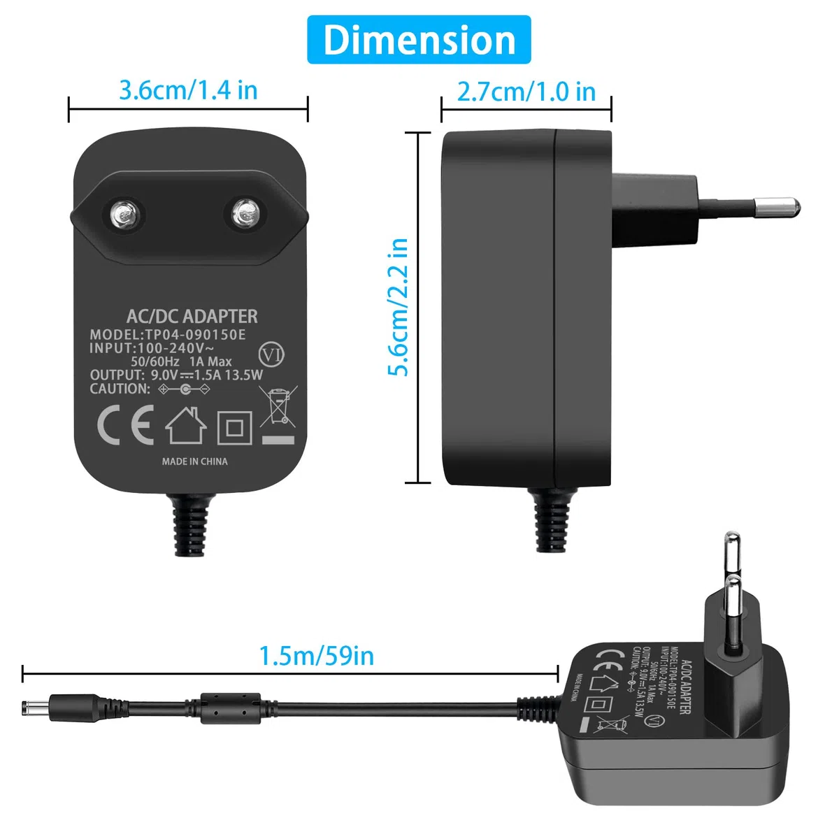Adattatore di alimentazione per pedali effetti per chitarra, 9V 1.5A 13.5W Caricabatterie da parete Punta negativa 5,5 * 2,1 mm con cavi a margherita a 5 vie