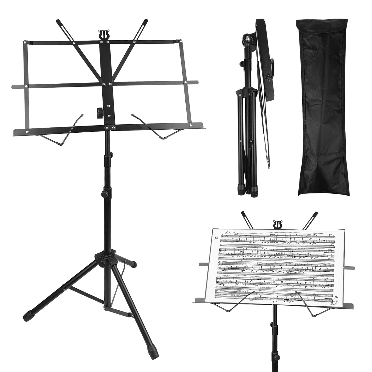 2 in 1 Leggio Musicale Pieghevole Altezza Regolabile 70-140cm, Supporto per Libri da Tavolo, Porta Spartiti Musicali Stabile, con Borsa di Trasporto, per Bambini E Adulti, Nero