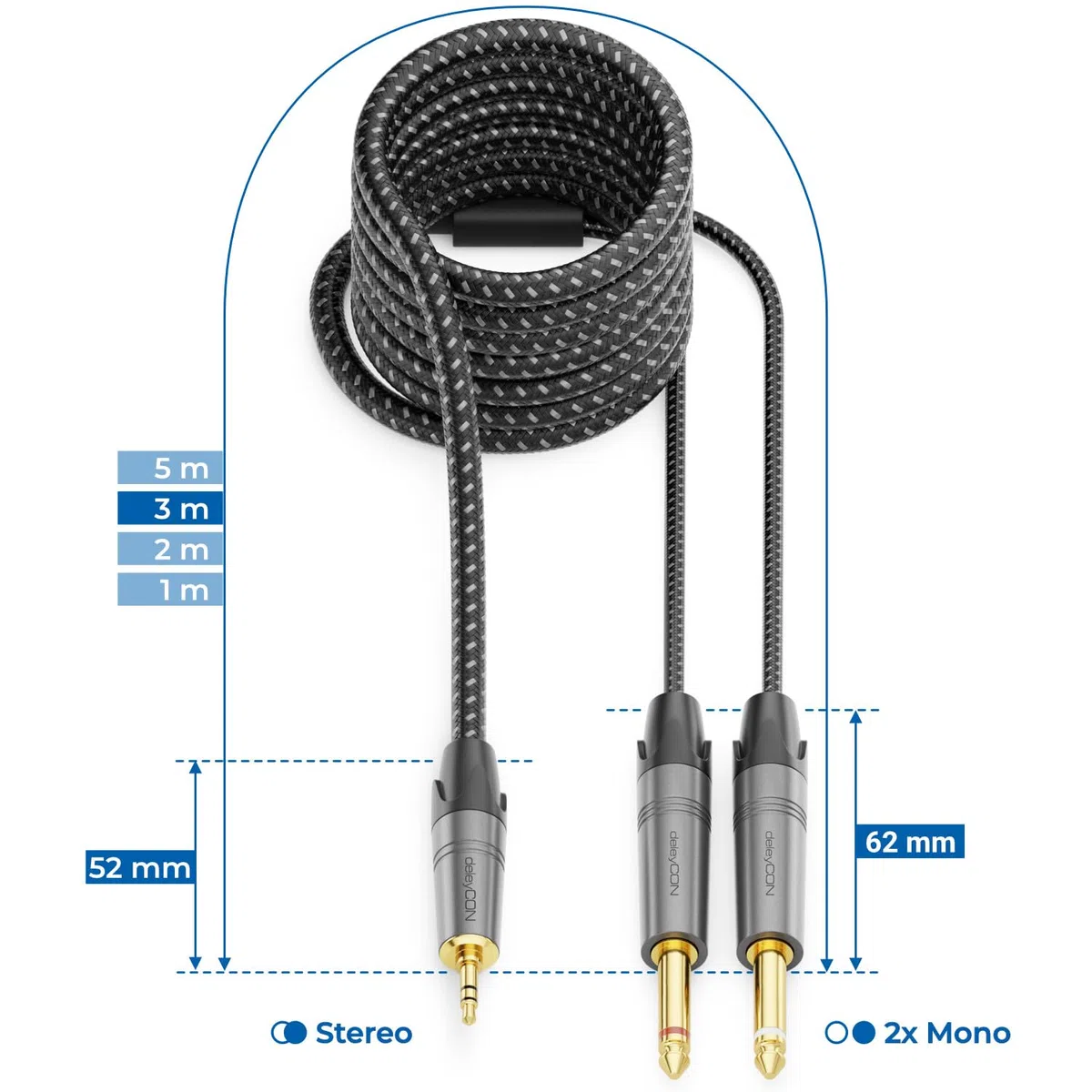 deleyCON 3,0m 3,5mm Jack Stereo a 2x 6,3mm Jack Mono - Y Audio Splitter Interfaccia Digitale Strumento per Mixer, Registratore Audio, Chitarra, Amplificatore, Microfono