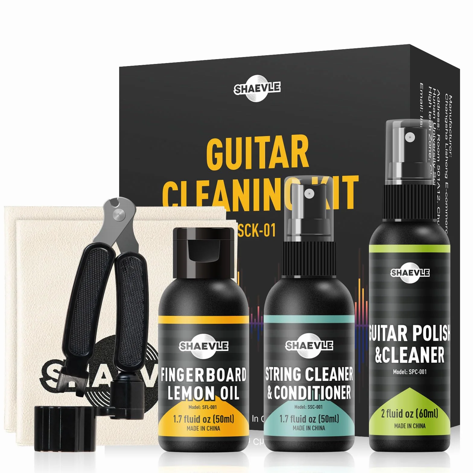 Kit per la pulizia della chitarra 60 ml di olio per lucidare la chitarra, 50 ml di olio per limare la tastiera e olio per pulire le corde, panno e strumenti per la pulizia (Guitar Cleaning Kit)