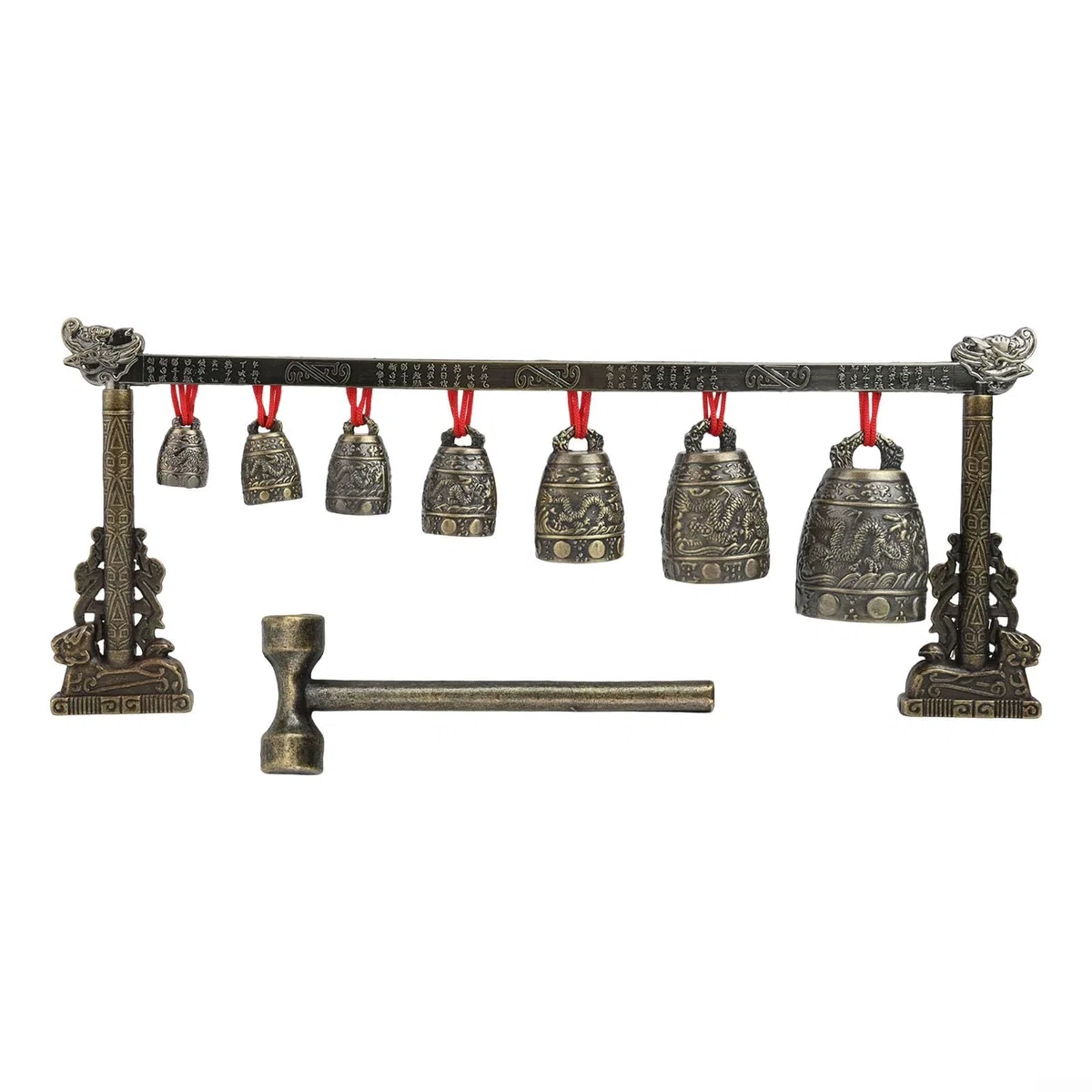 Oniissy Gong cinese da meditazione in bronzo con 7 campane decorate, strumento a percussione in lega per yoga e guarigione del suono, 410 x 170 x 50 mm
