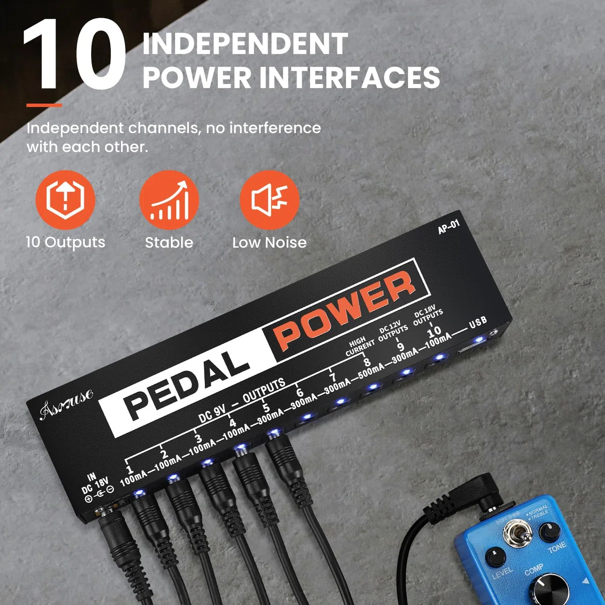 Asmuse Mini Alimentatore Pedali Chitarra Noiseless Portatile 9V 12V 18V 10 Uscite Isolate con Porta di Ricarica USB Compact Pedal Power Supply