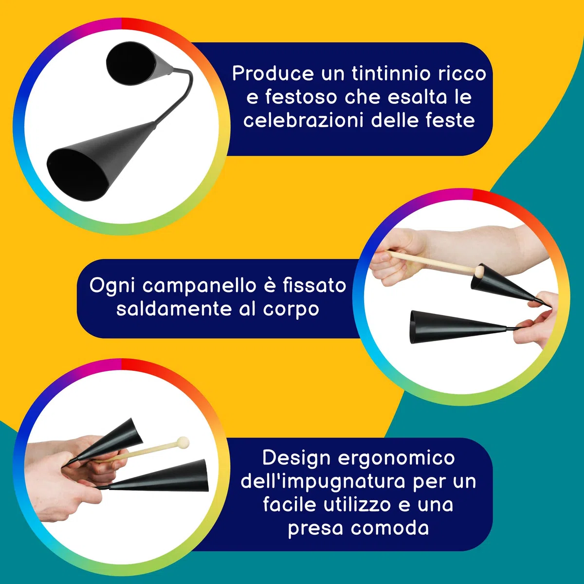 A-Star Campane Two Tone Double Metal Samba Agogo con battente in legno