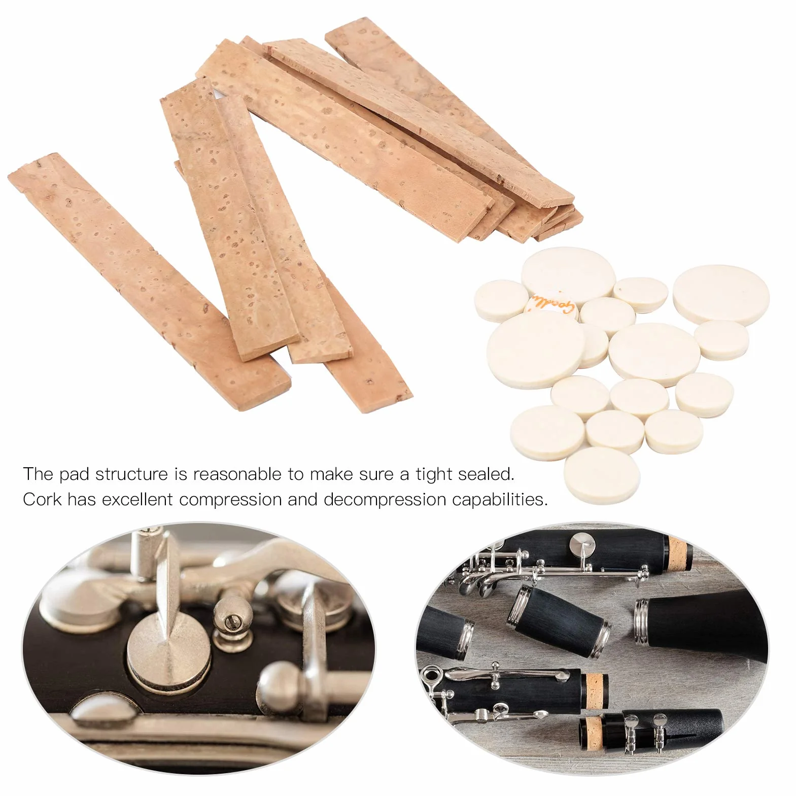 Kit Cuscinetti per Clarinetto con Chiave in Sib, Durevoli Cuscinetti per Fori da 17 Pezzi + 10 Pezzi per Fogli di Sughero Naturale Accessori per Strumenti per Clarinetto Kit di Ricambio