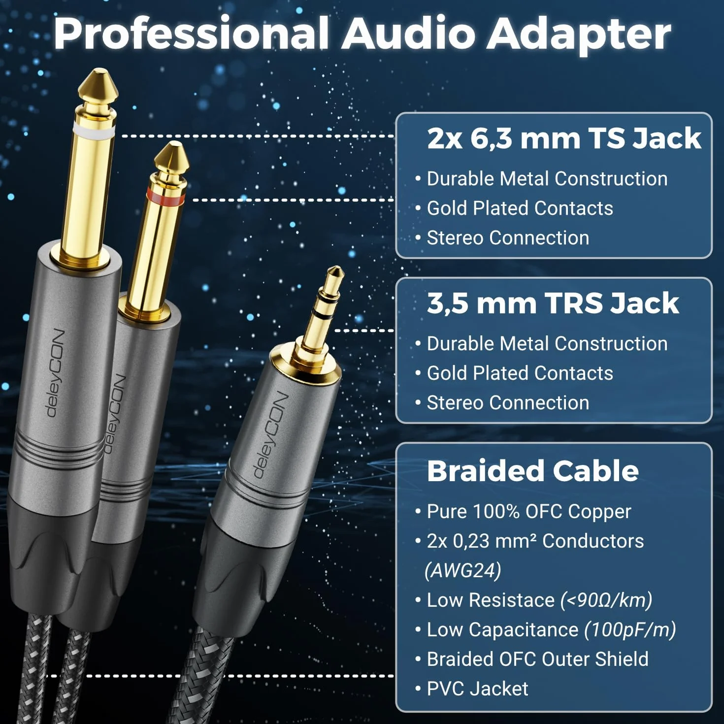 deleyCON 3,0m 3,5mm Jack Stereo a 2x 6,3mm Jack Mono - Y Audio Splitter Interfaccia Digitale Strumento per Mixer, Registratore Audio, Chitarra, Amplificatore, Microfono
