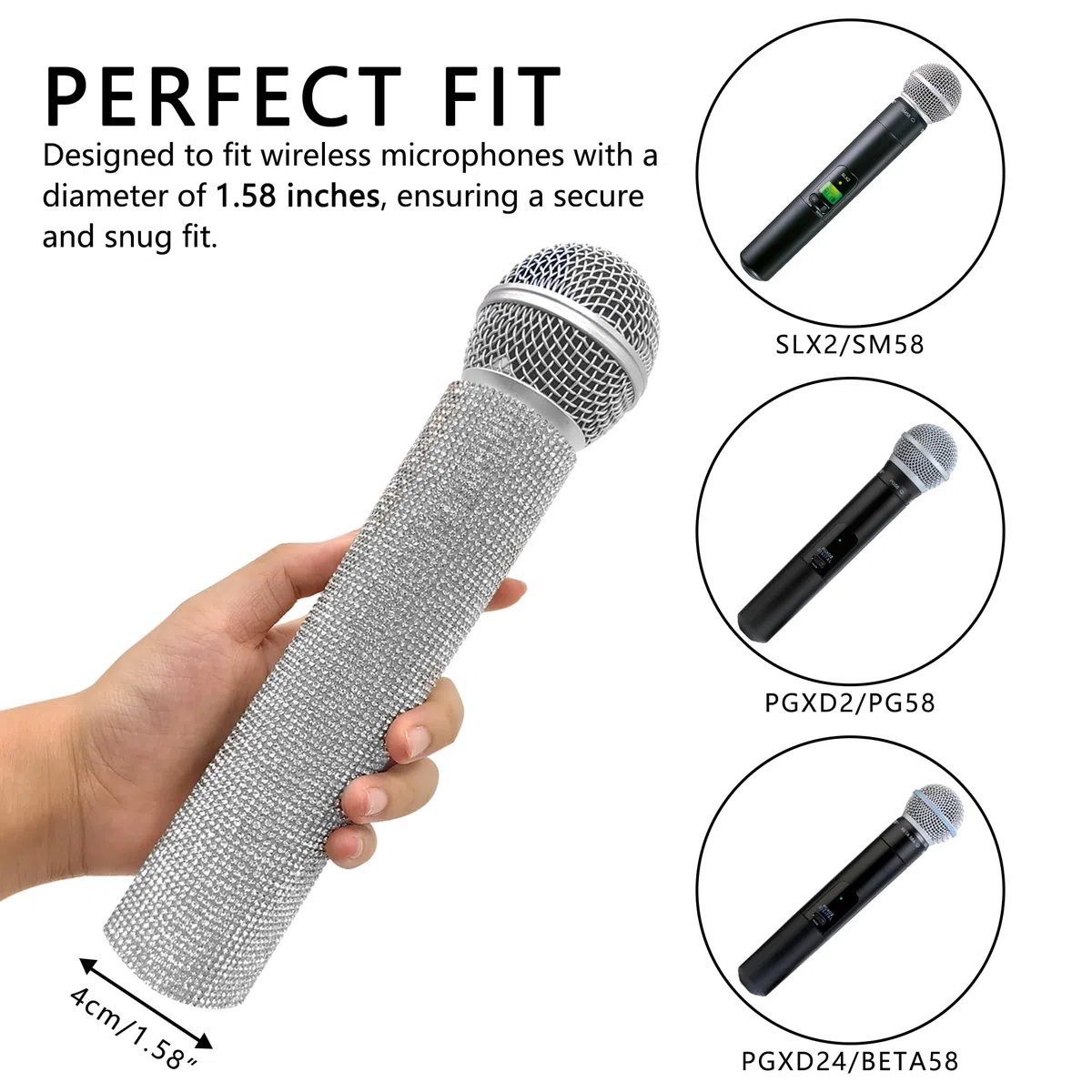 Musiin Copertura per Manico con Strass Scintillanti Argento per Microfono, Decorazione per Microfono di Diametro Circolare 1.58 Pollici, Attira l'attenzione Durante gli Eventi di Performance