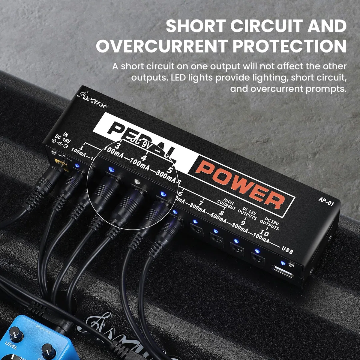 Asmuse Mini Alimentatore Pedali Chitarra Noiseless Portatile 9V 12V 18V 10 Uscite Isolate con Porta di Ricarica USB Compact Pedal Power Supply