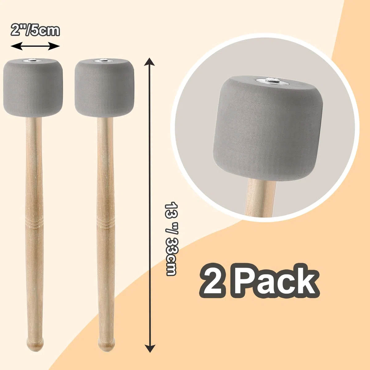 Luomorgo 2 mazzuole per grancassa, bacchette per tamburo da marcia con punta in schiuma con manico in legno, battenti per tamburo da 33 cm in morbido feltro per timpani (grigio)