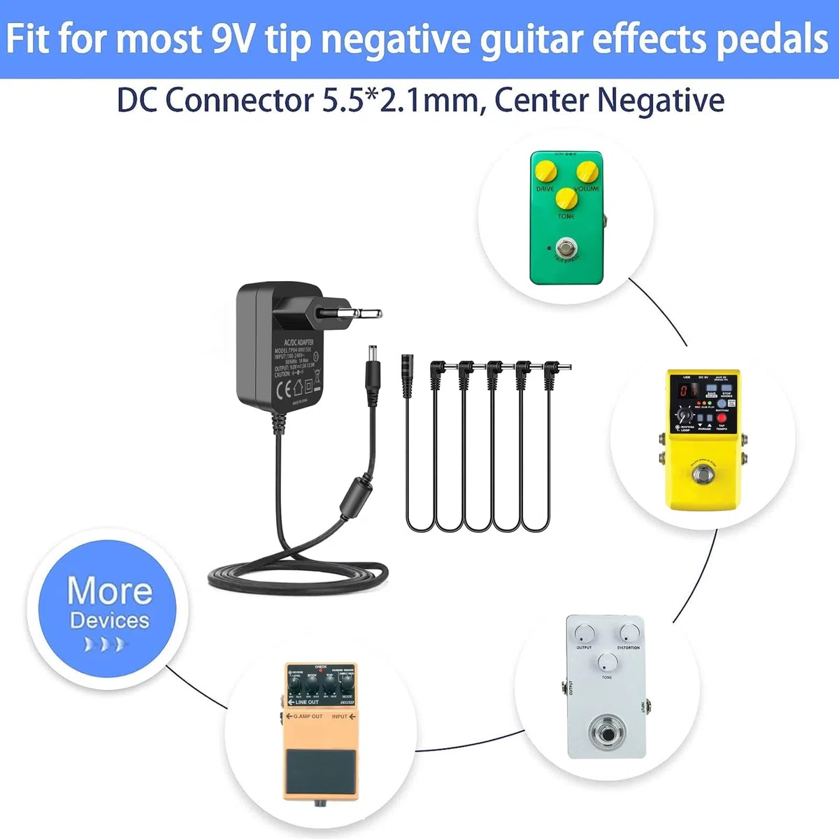 Adattatore di alimentazione per pedali effetti per chitarra, 9V 1.5A 13.5W Caricabatterie da parete Punta negativa 5,5 * 2,1 mm con cavi a margherita a 5 vie
