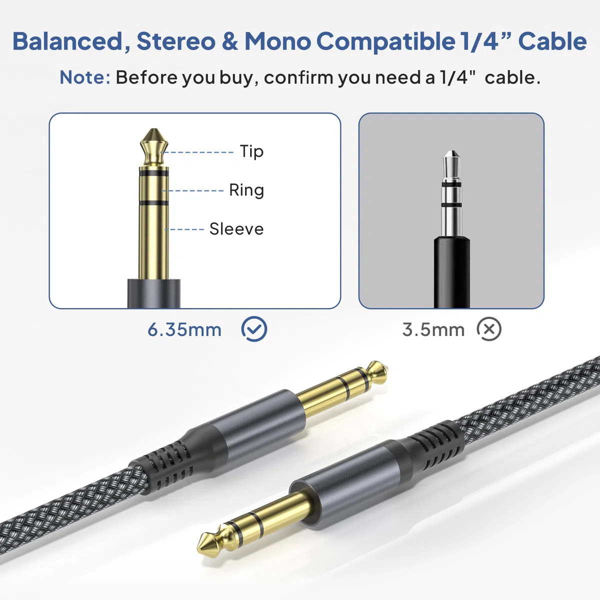 Elebase Electrical Product Cavo Audio Jack 6.3 mm 3M 2-Pezzi,Cavi Filo Doppio 6.35mm Maschio,Cable Guitar TRS Bilanciato 1/4 Pollici per Strumenti,Chitarra Elettrica,Basso,Tastiera Musicali