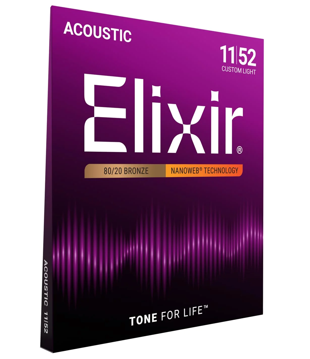 Corde per chitarra acustica bronzo 80/20 Elixir Strings con rivestimento NANOWEB, Custom Light (.011-.052)